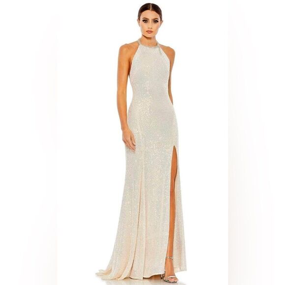 Mac Duggal 26943 Iridescent Sequined Halter High Neck Slit Gown 14 NWT - Picture 1 of 10